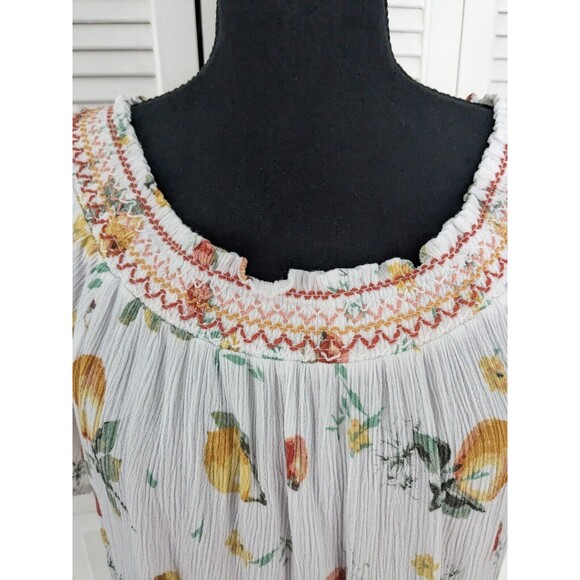 Maurices Top Womens Sz M Citrus Print Crinkle Short Sleeve Smock Elastic Ruffle - Picture 3 of 12
